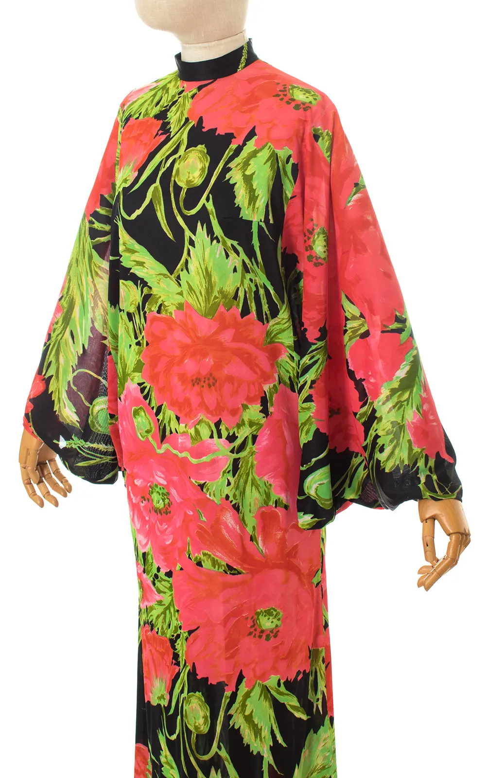 1960s Poppy Print Batwing Jersey Maxi Dress | small