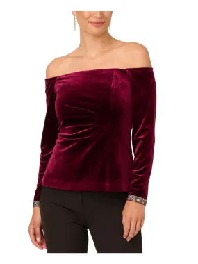 ADRIANNA PAPELL Womens Burgundy Rhinestone Pleated Zipped Sleeve And Back Lined Long Sleeve Off Shoulder Party Top