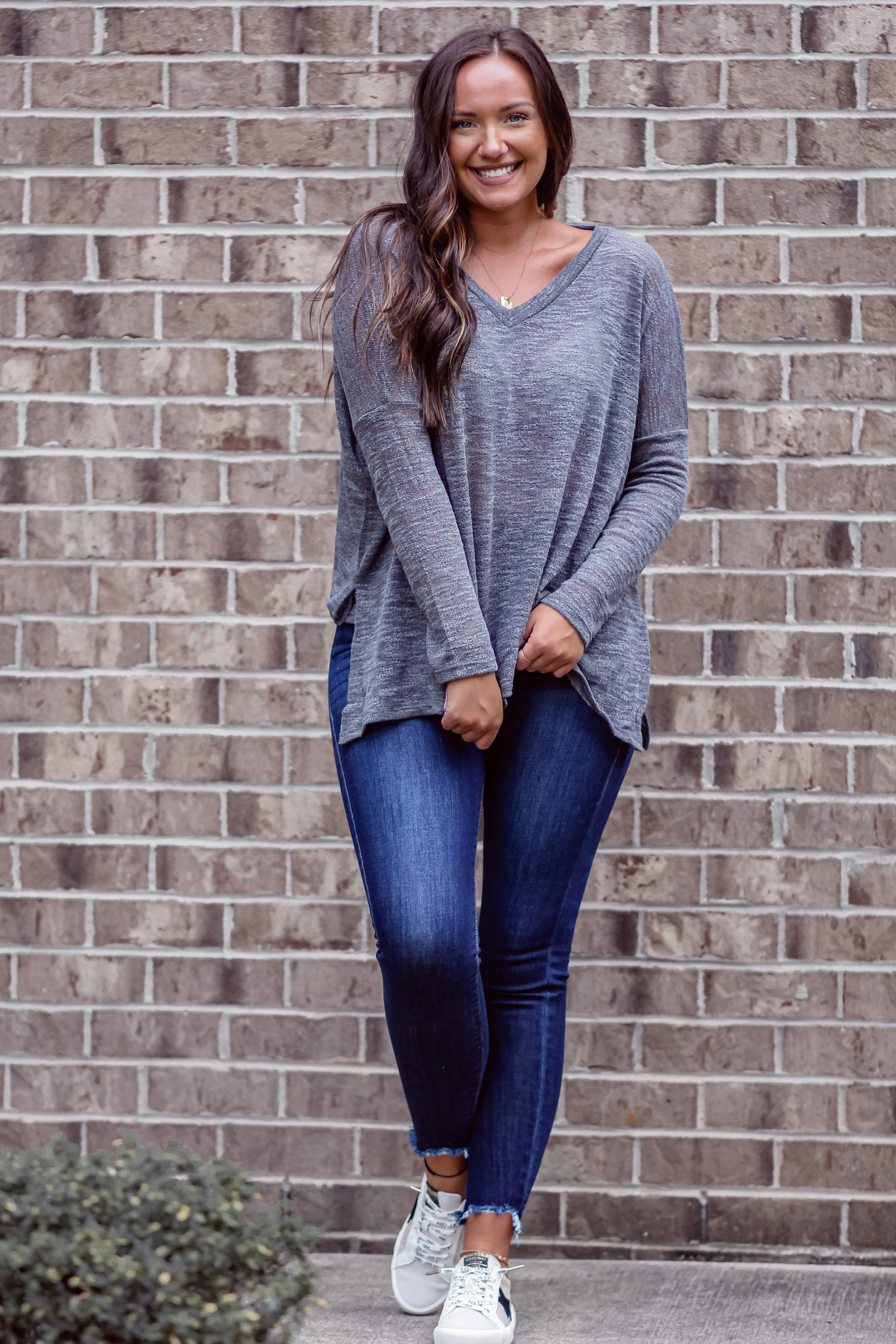 Charcoal Slub Knit Long Sleeve V Neck Top