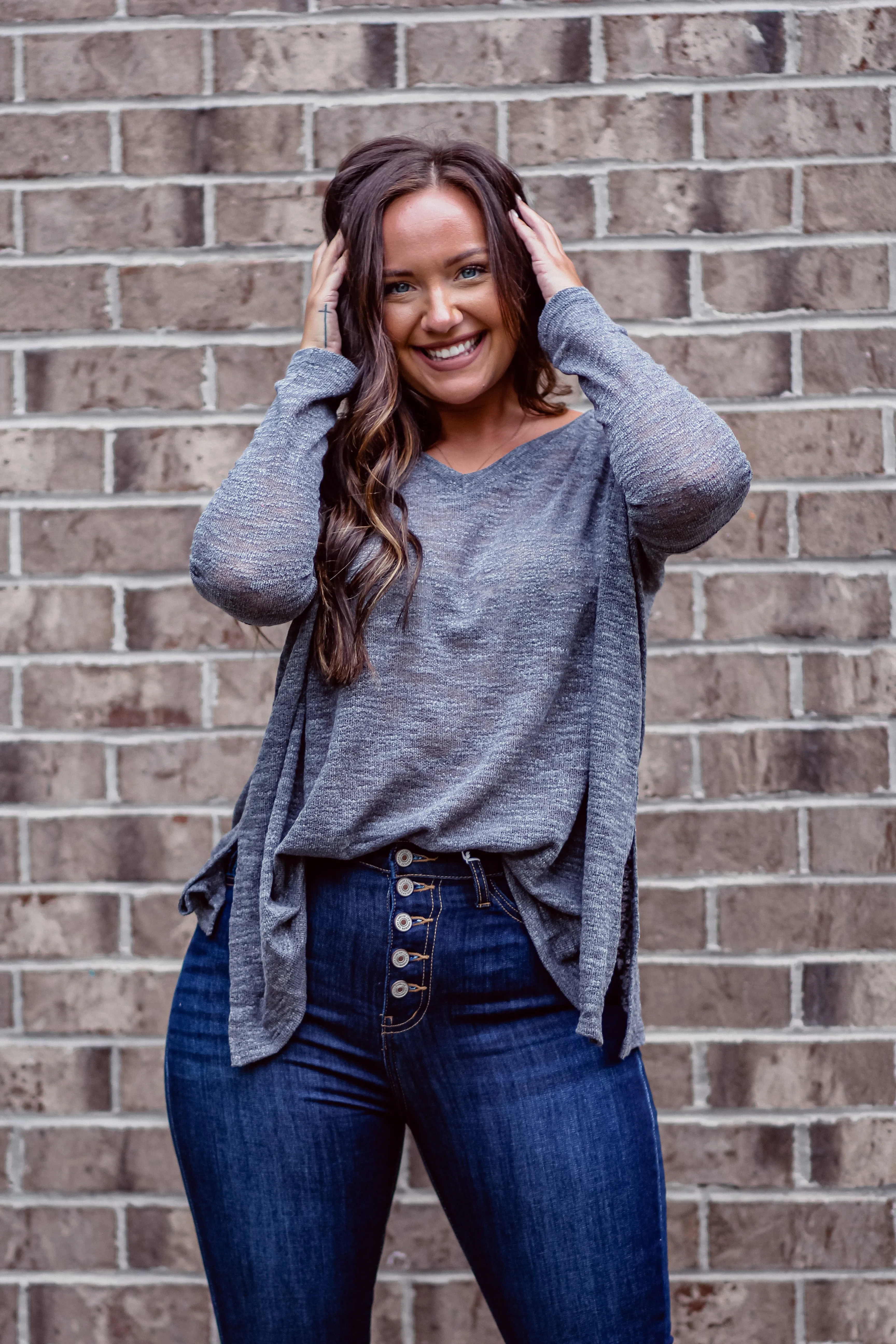 Charcoal Slub Knit Long Sleeve V Neck Top