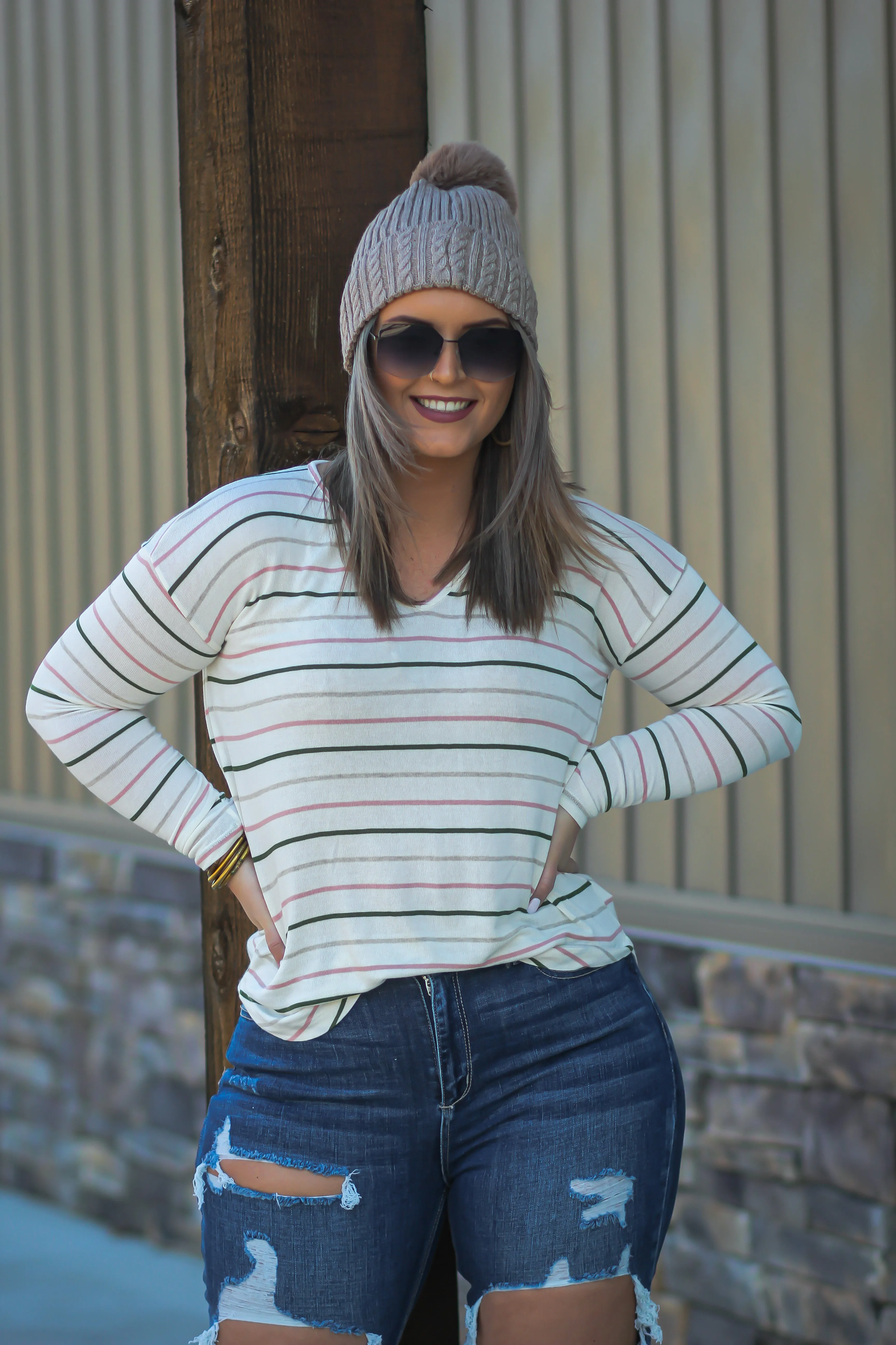 Cream Multi Stripe Long Sleeve Top