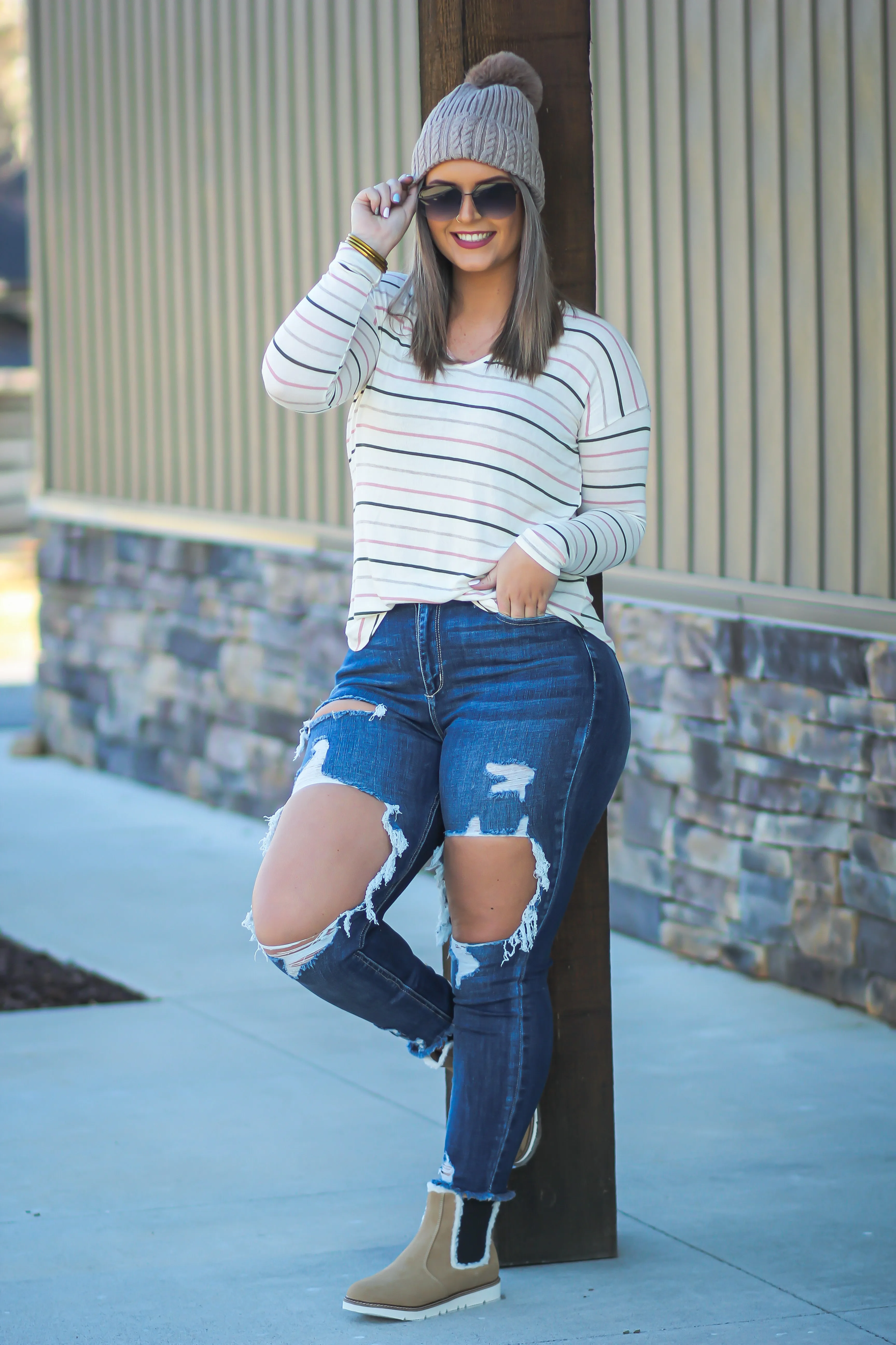 Cream Multi Stripe Long Sleeve Top