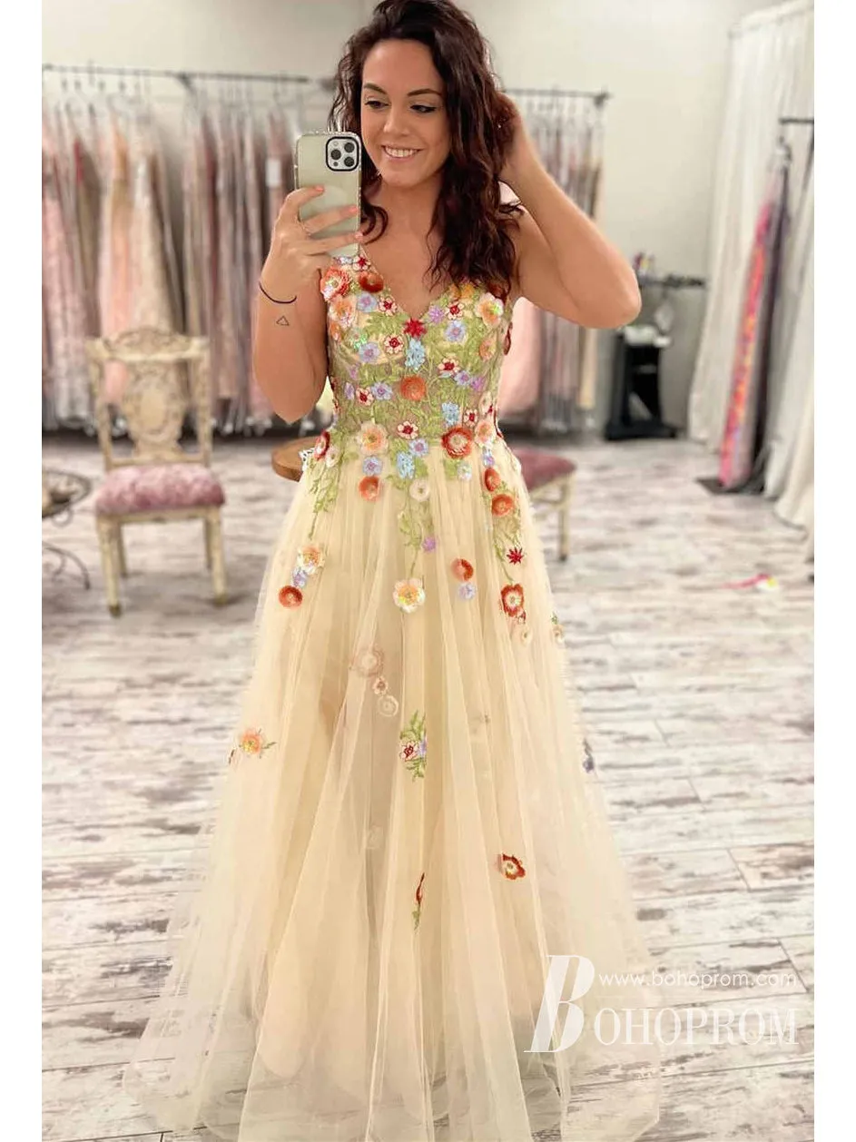 Fashion Tulle V-neckline Floor-length Prom Dresses With 3D Sequins Flowers & Beaded PD714