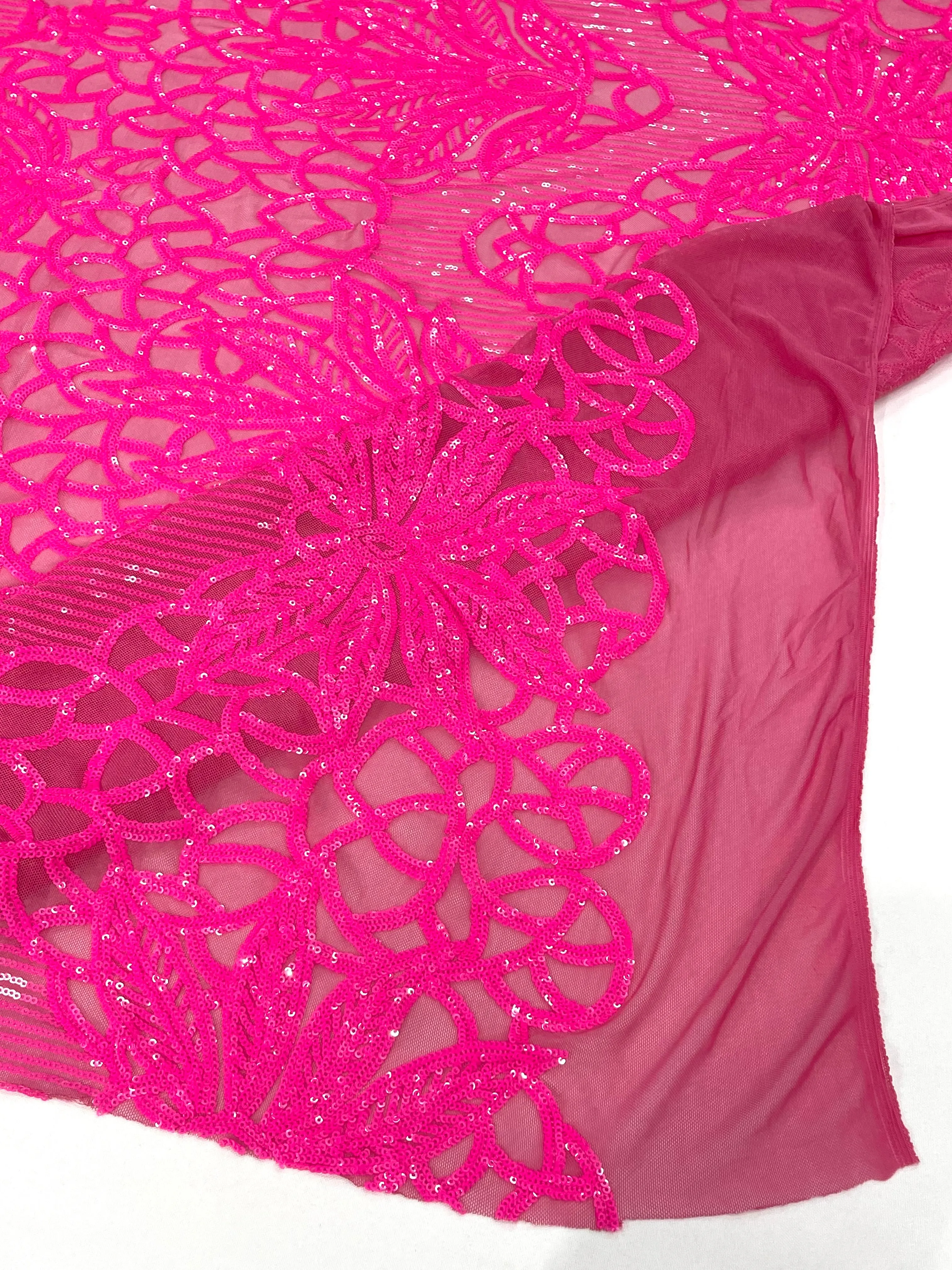 Feather Damask Shiny Sequin Design on a 4 Way Stretch mesh Fabric-Prom Night -Sold by The Yard.