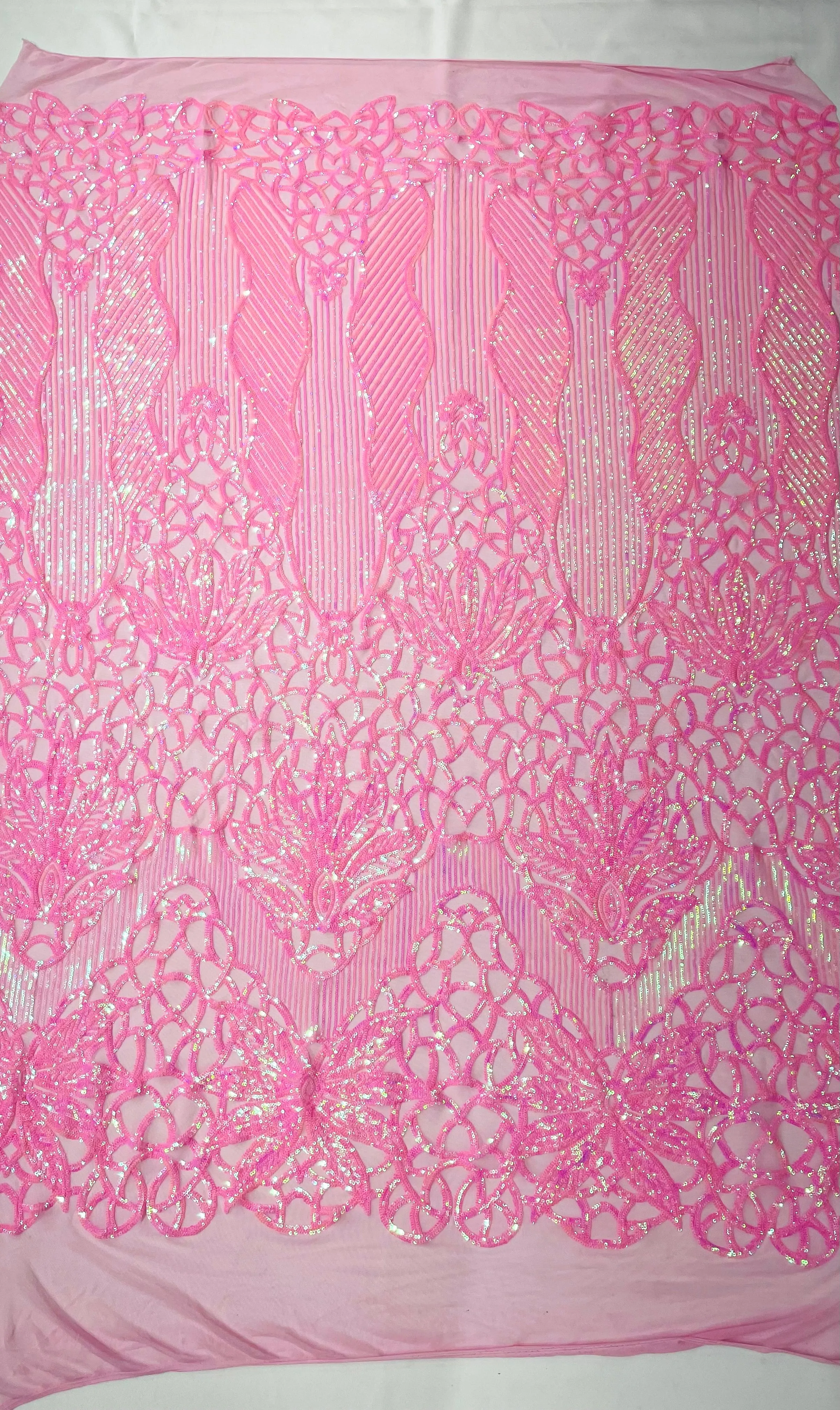 Feather Damask Shiny Sequin Design on a 4 Way Stretch mesh Fabric-Prom Night -Sold by The Yard.