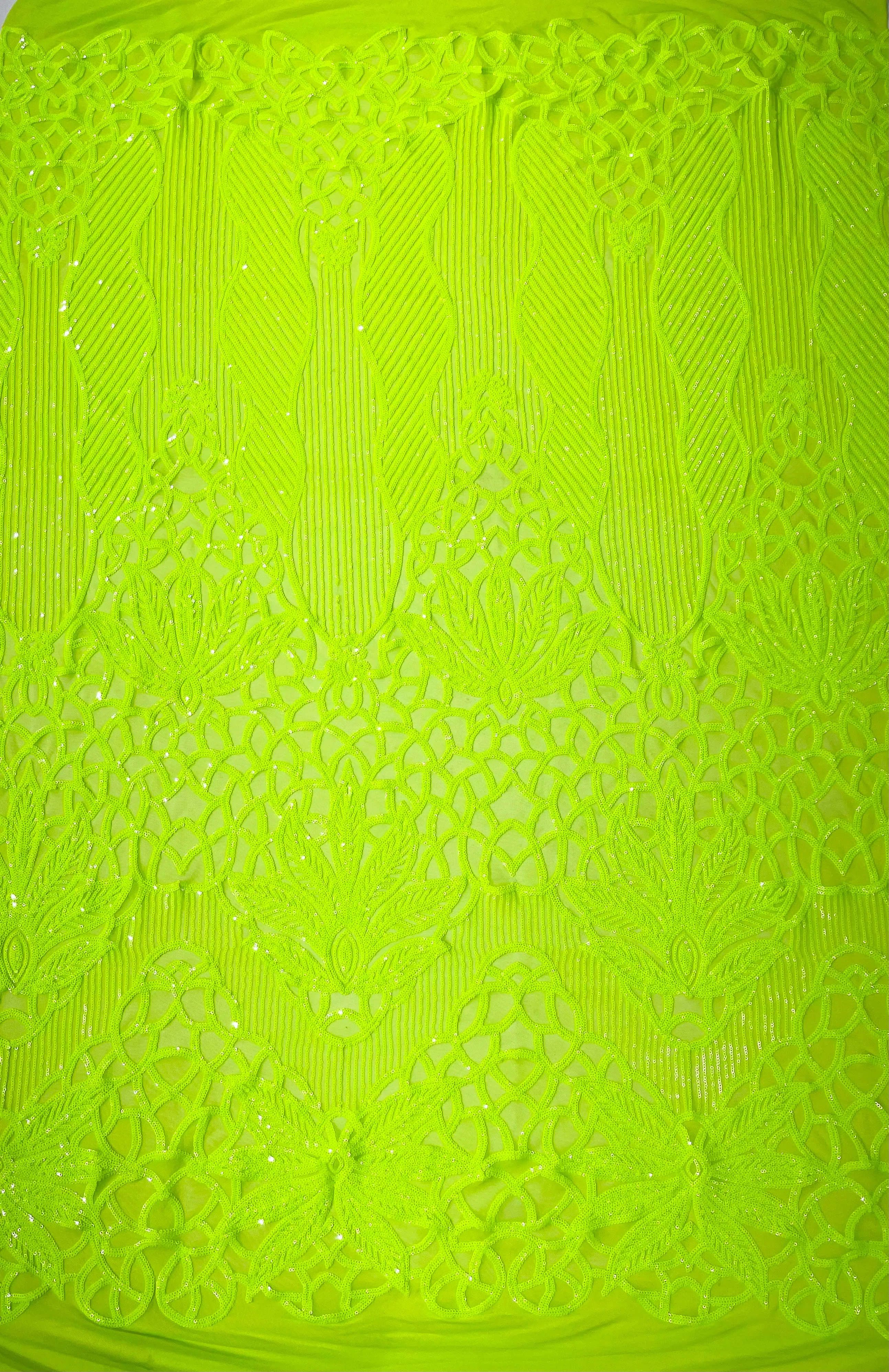 Feather Damask Shiny Sequin Design on a 4 Way Stretch mesh Fabric-Prom Night -Sold by The Yard.
