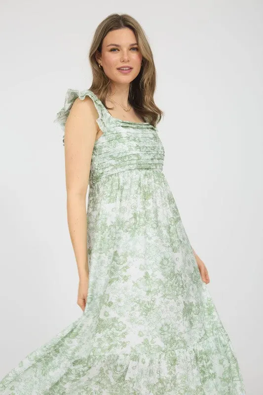 FLORAL RUFFLE STRAP DETAIL PLEATED MIDI DRESS