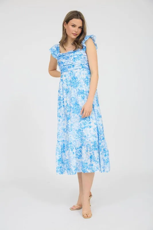FLORAL RUFFLE STRAP DETAIL PLEATED MIDI DRESS