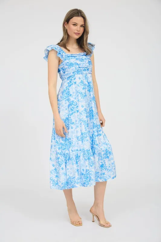 FLORAL RUFFLE STRAP DETAIL PLEATED MIDI DRESS