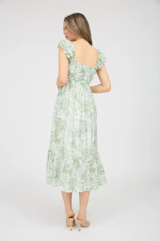 FLORAL RUFFLE STRAP DETAIL PLEATED MIDI DRESS