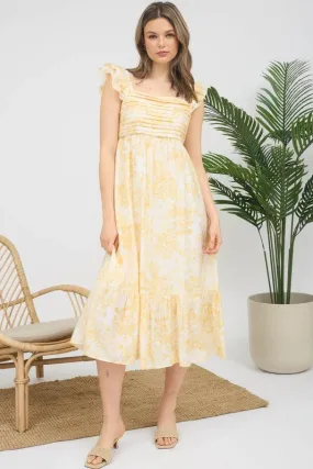 FLORAL RUFFLE STRAP DETAIL PLEATED MIDI DRESS
