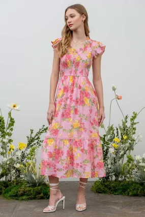 FLORAL SCOOP NECK SMOCKED MIDI DRESS