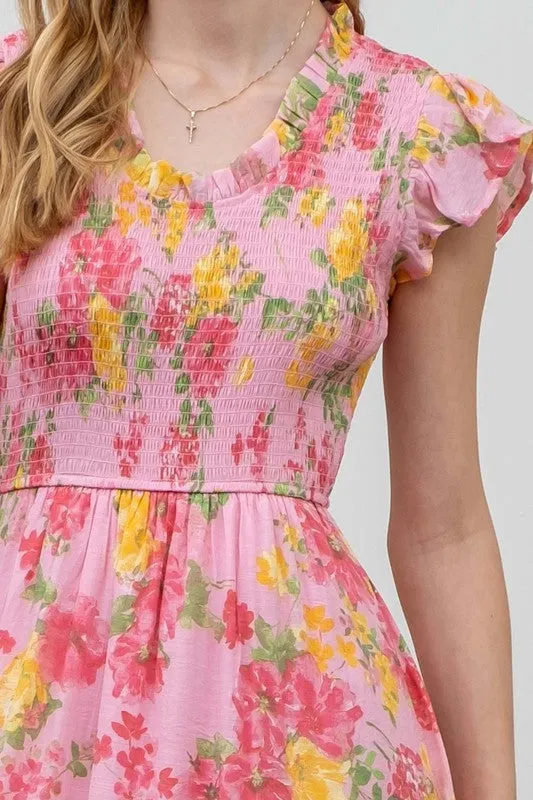 FLORAL SCOOP NECK SMOCKED MIDI DRESS
