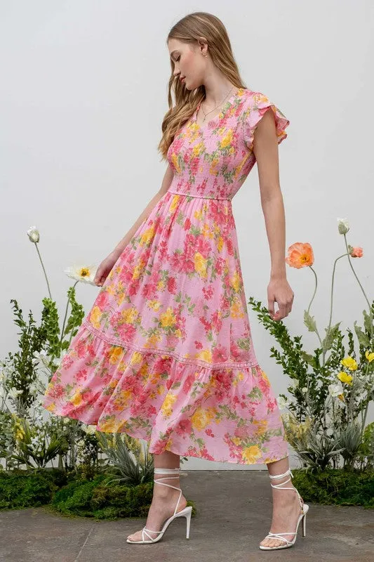 FLORAL SCOOP NECK SMOCKED MIDI DRESS