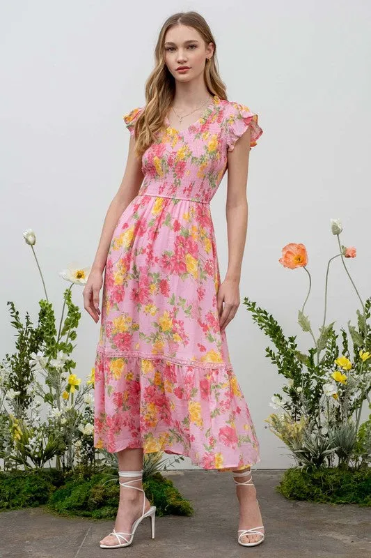 FLORAL SCOOP NECK SMOCKED MIDI DRESS