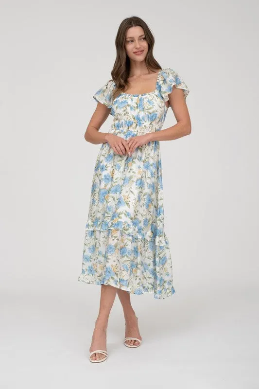 FLORAL SHORT SLEEVE RUFFLE DETAIL MIDI DRESS