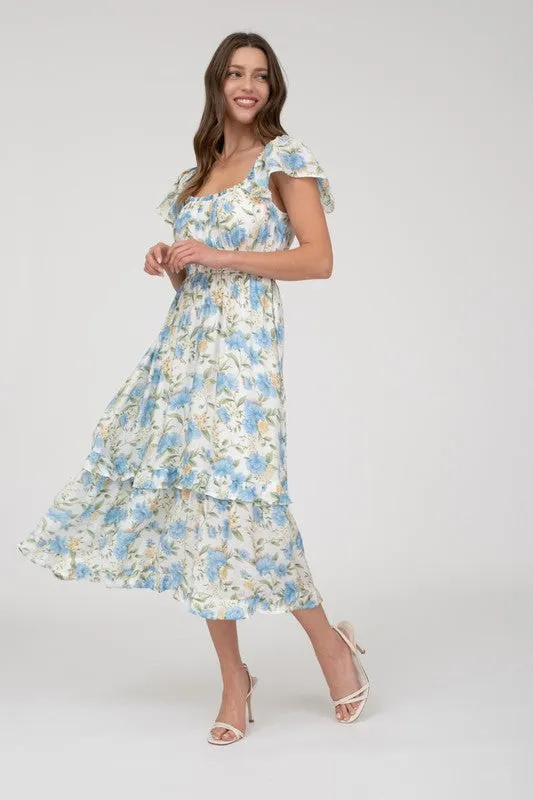 FLORAL SHORT SLEEVE RUFFLE DETAIL MIDI DRESS