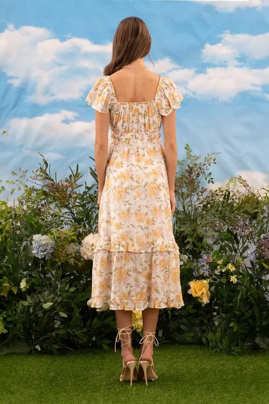 FLORAL SHORT SLEEVE RUFFLE DETAIL MIDI DRESS