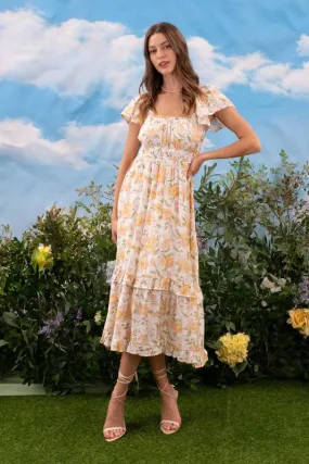 FLORAL SHORT SLEEVE RUFFLE DETAIL MIDI DRESS