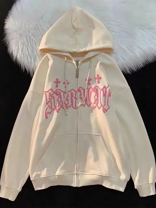 Harajuku Noir Retro Zip-Up Printed Hoodie