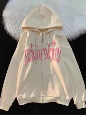 Harajuku Noir Retro Zip-Up Printed Hoodie