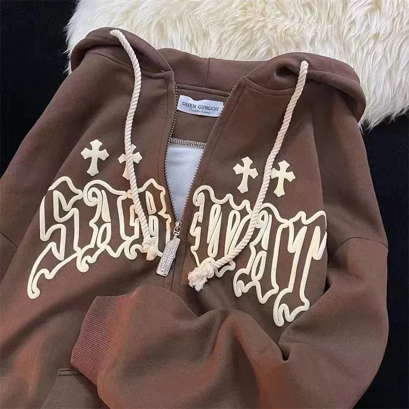 Harajuku Noir Retro Zip-Up Printed Hoodie