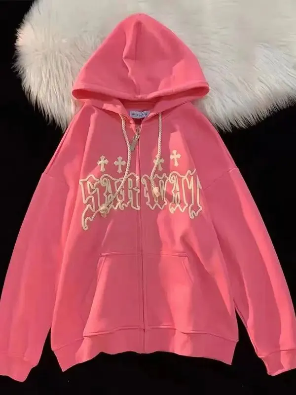Harajuku Noir Retro Zip-Up Printed Hoodie