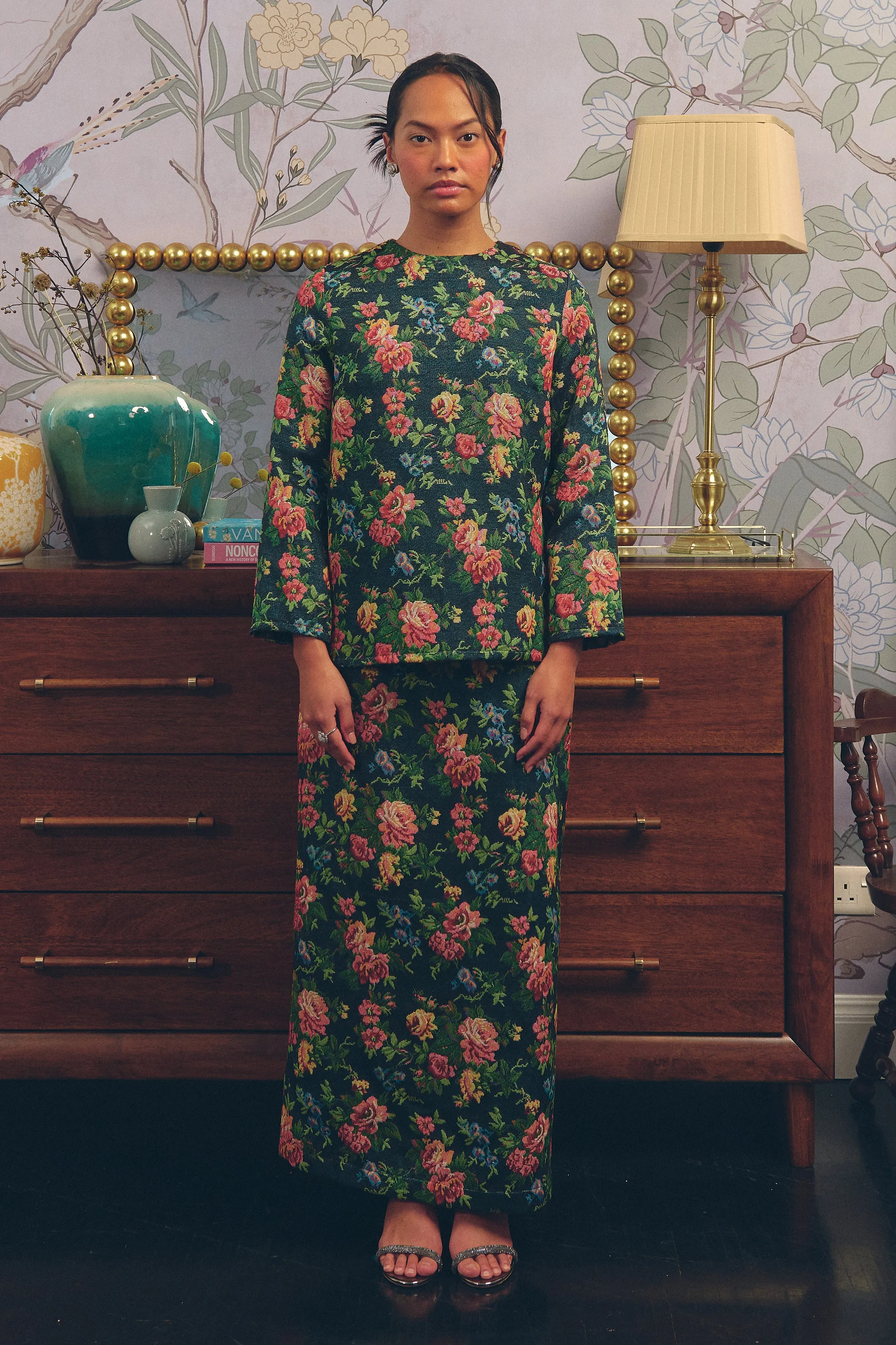 Heritage Brocade Kurung Top in Earl Grey