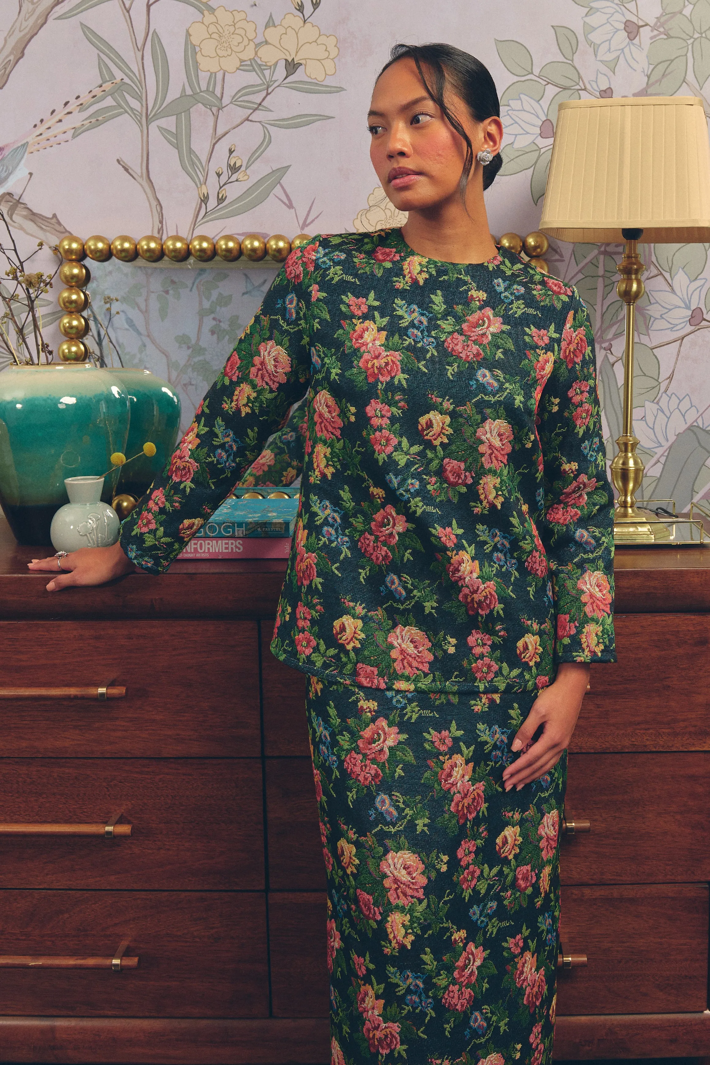 Heritage Brocade Kurung Top in Earl Grey