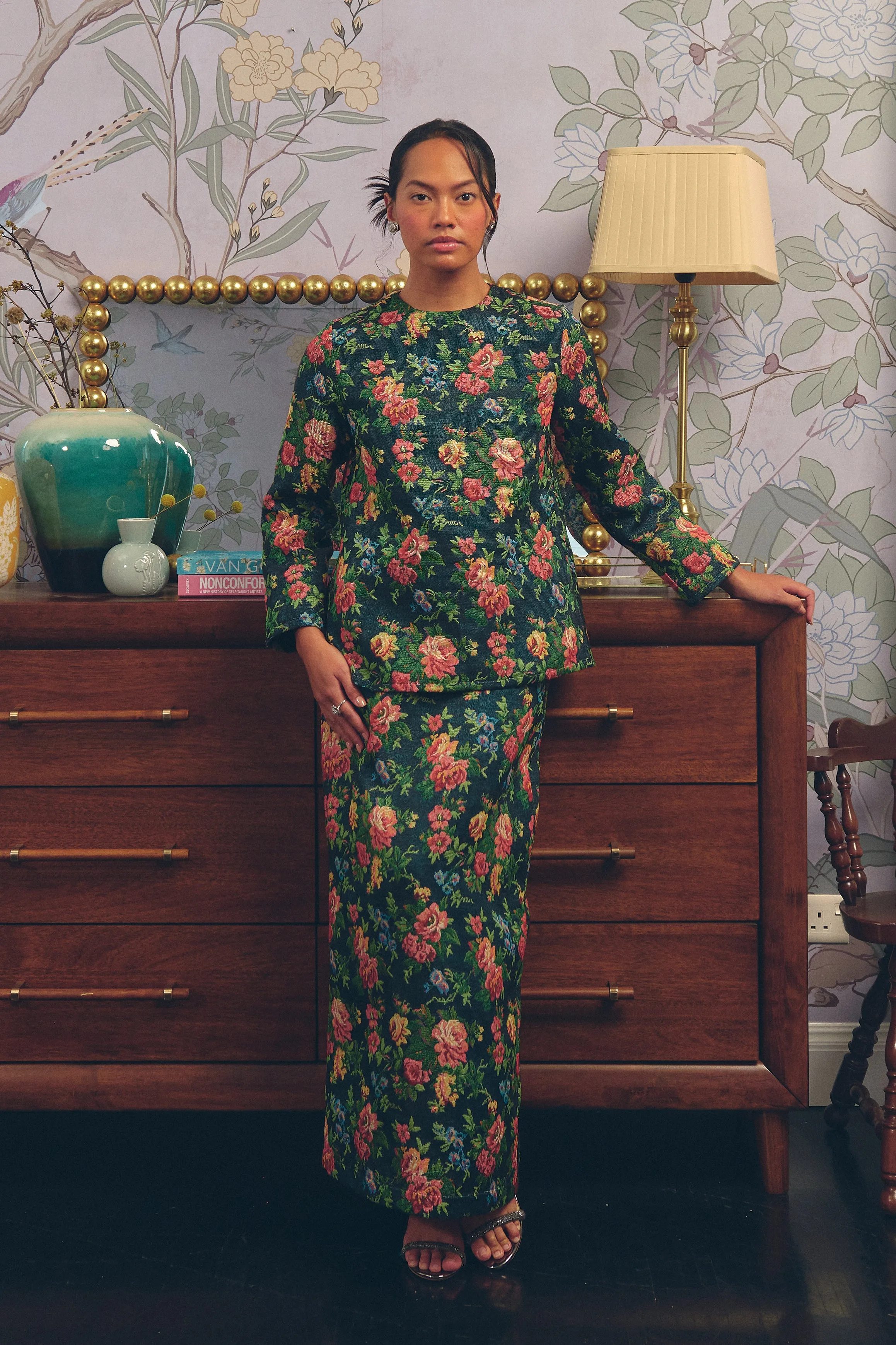 Heritage Brocade Kurung Top in Earl Grey
