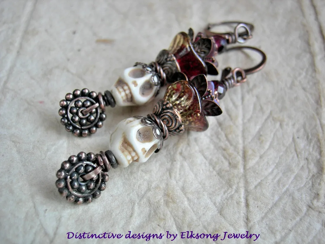 Ivory Sugar Skull Earrings with Crimson Glass Flowers & Garnet