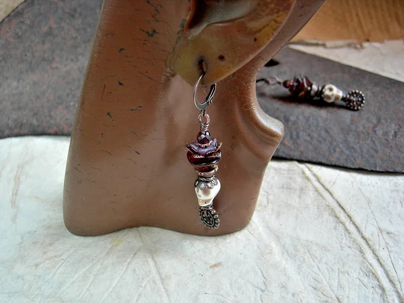 Ivory Sugar Skull Earrings with Crimson Glass Flowers & Garnet