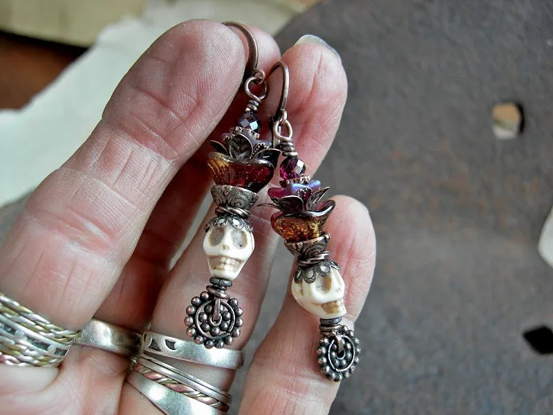 Ivory Sugar Skull Earrings with Crimson Glass Flowers & Garnet