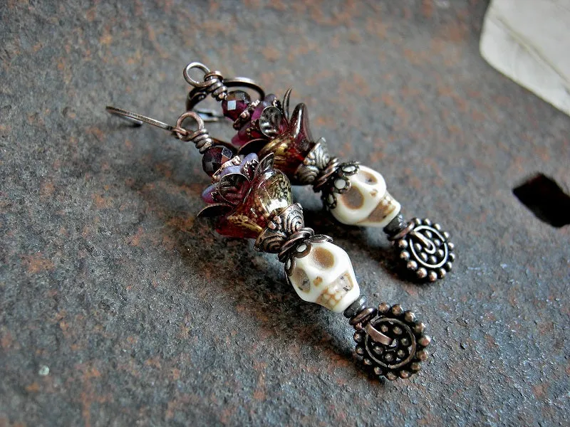 Ivory Sugar Skull Earrings with Crimson Glass Flowers & Garnet