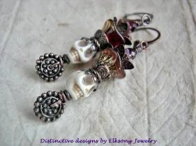 Ivory Sugar Skull Earrings with Crimson Glass Flowers & Garnet