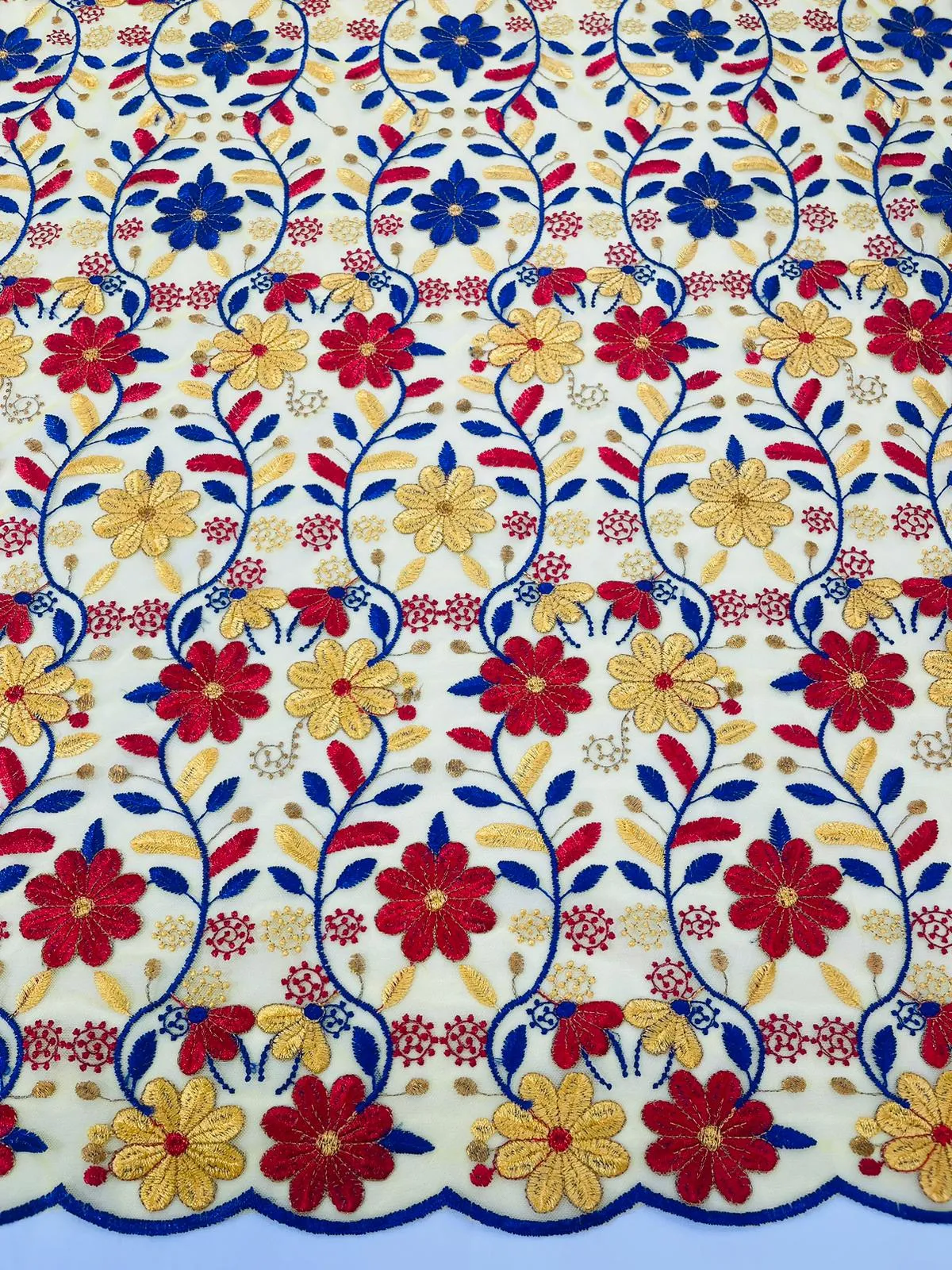 Oaxaca multi color Mexican Sarape floral design embroider mesh lace-sold by the yard.
