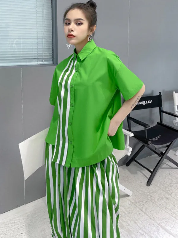 Original Striped Irregularity Blouse Tops Skirt Suits