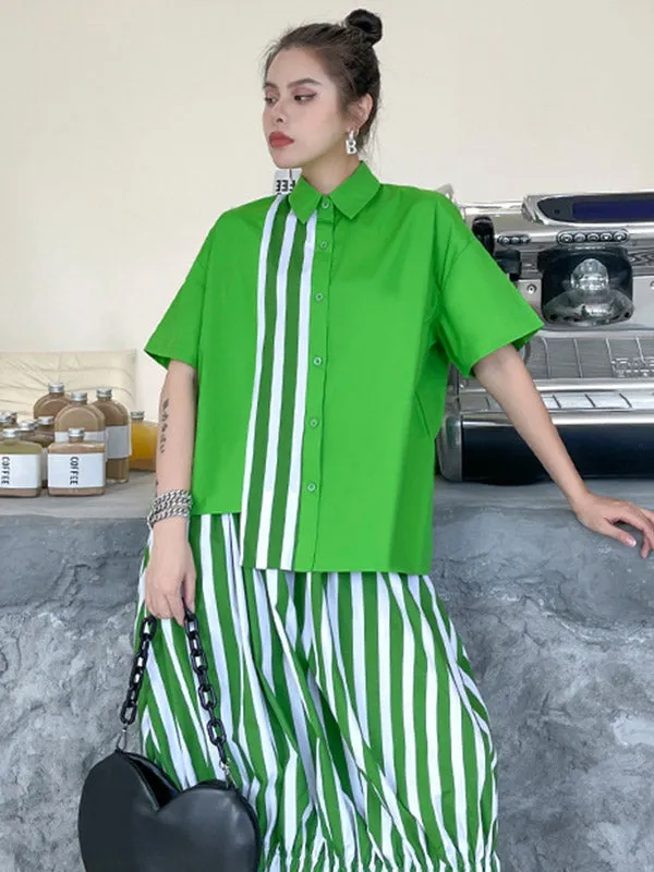 Original Striped Irregularity Blouse Tops Skirt Suits