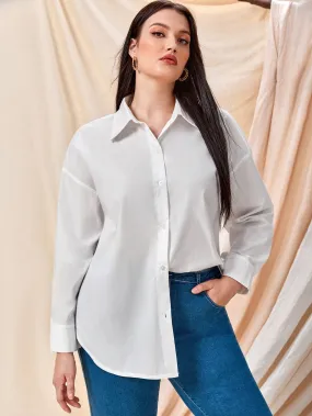 Plain Button Front Long Sleeve Collar Semi-Sheer Long Plus Size Blouse