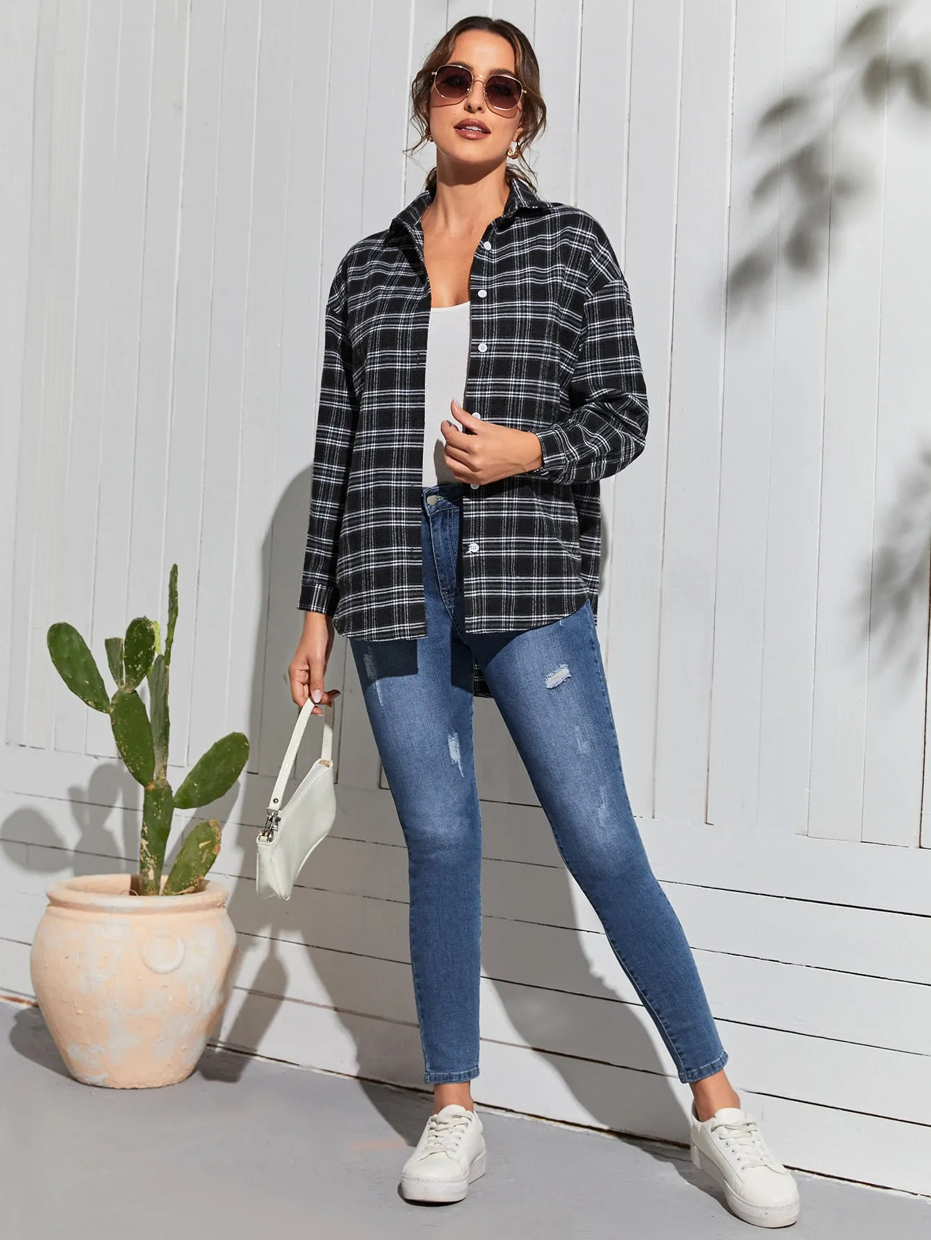 Preppy Tartan Button Front Long Sleeve Collar Regular Blouse