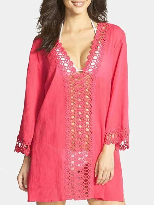 Pretty V-Neck Lace 3/4 Sleeve Blouse Cover-ups Tops