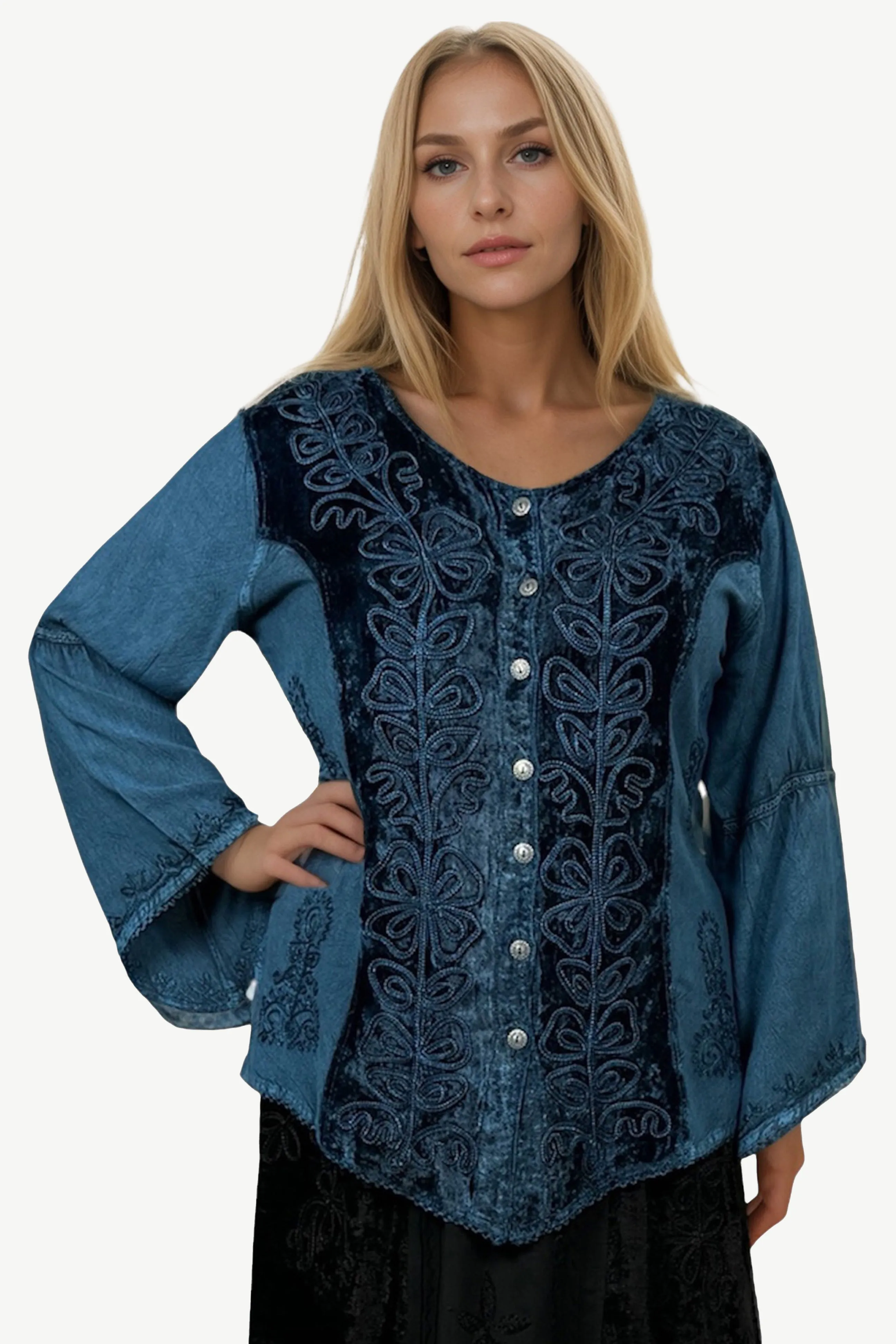 Rich Exotic Gothic Rayon Velvet Button Down Blouse Velvet Embroidered Top Blouse