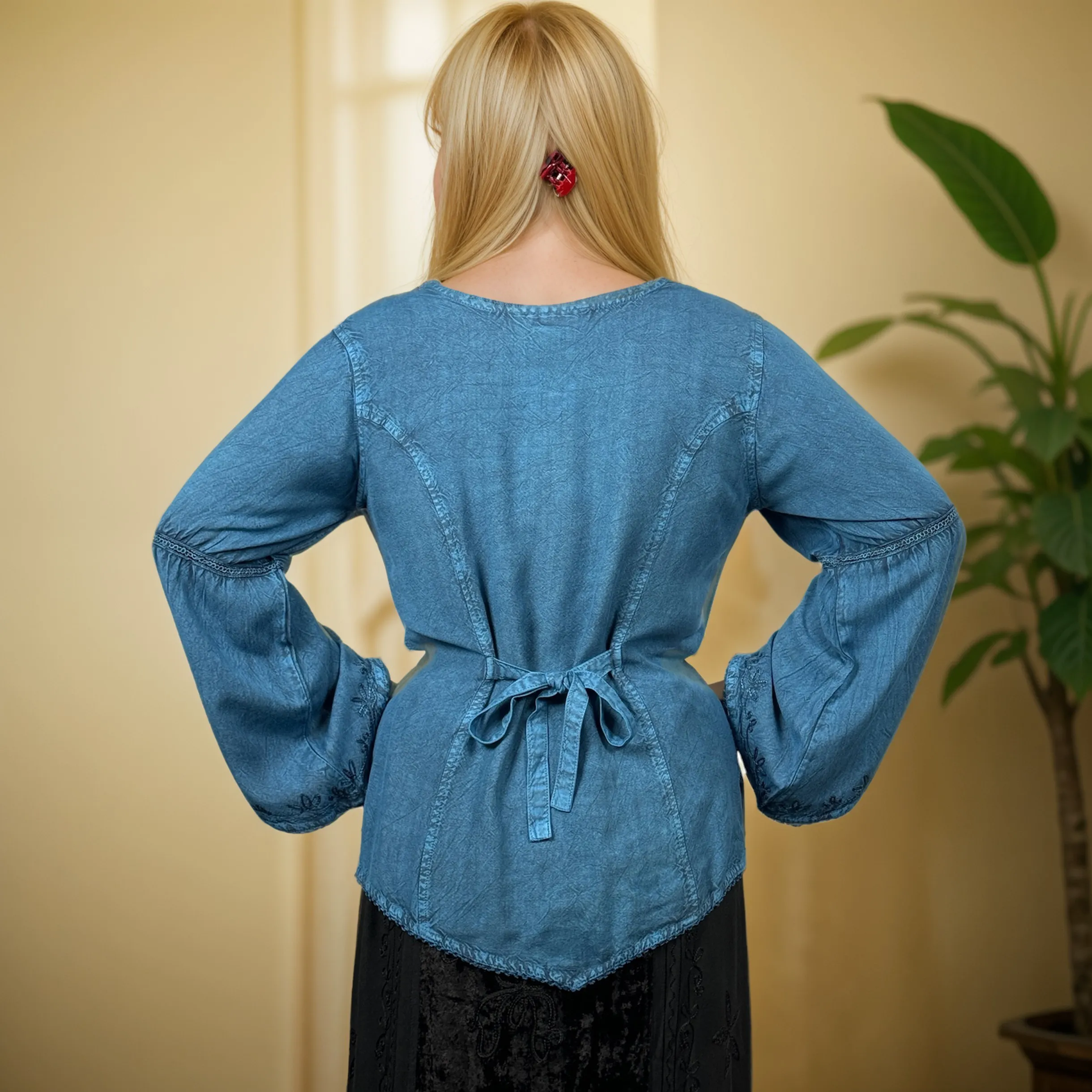 Rich Exotic Gothic Rayon Velvet Button Down Blouse Velvet Embroidered Top Blouse