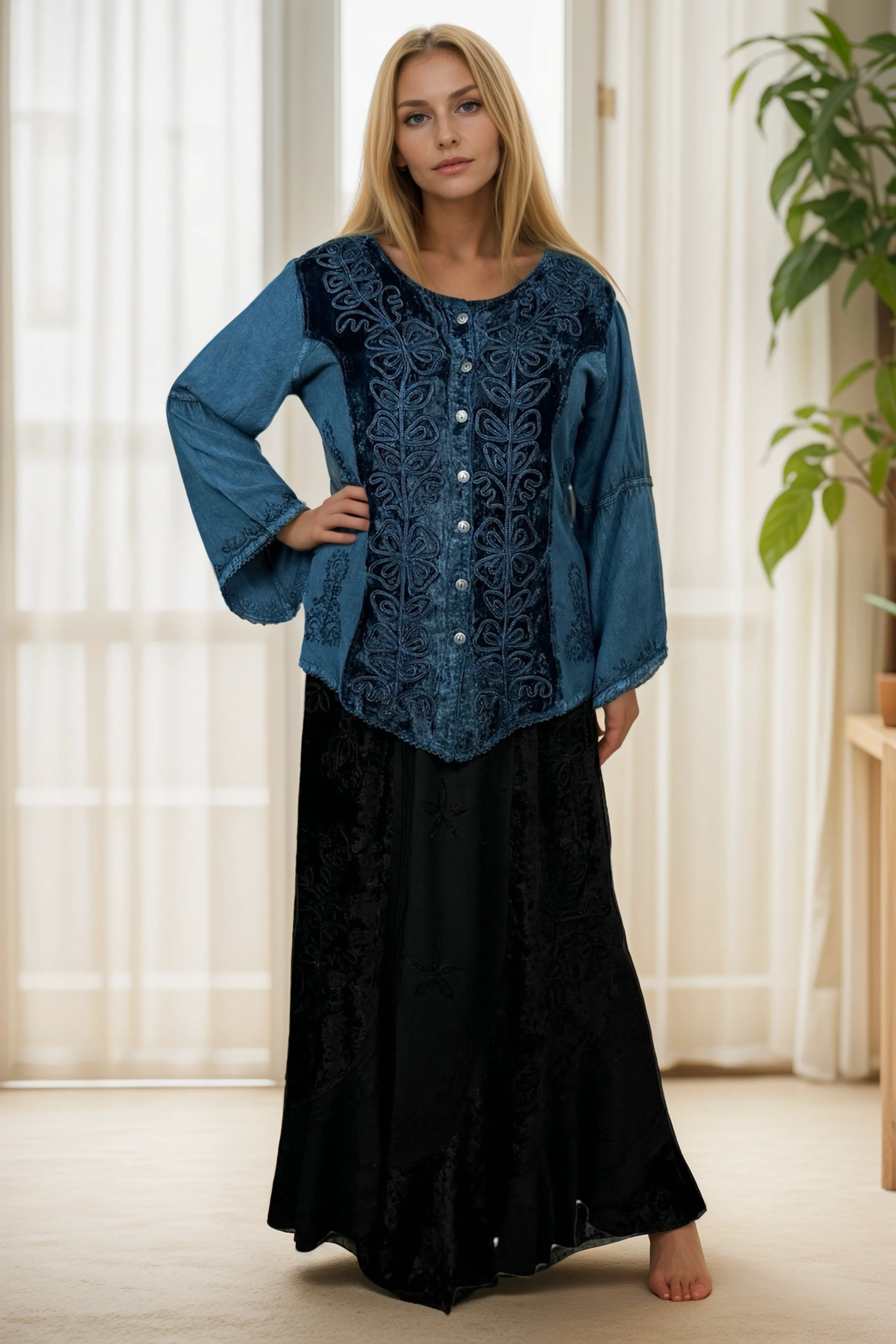 Rich Exotic Gothic Rayon Velvet Button Down Blouse Velvet Embroidered Top Blouse