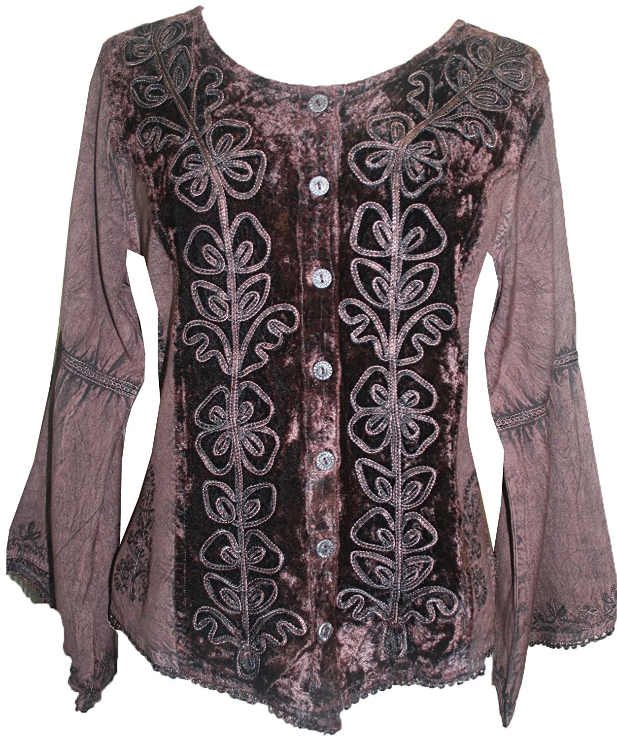 Rich Exotic Gothic Rayon Velvet Button Down Blouse Velvet Embroidered Top Blouse