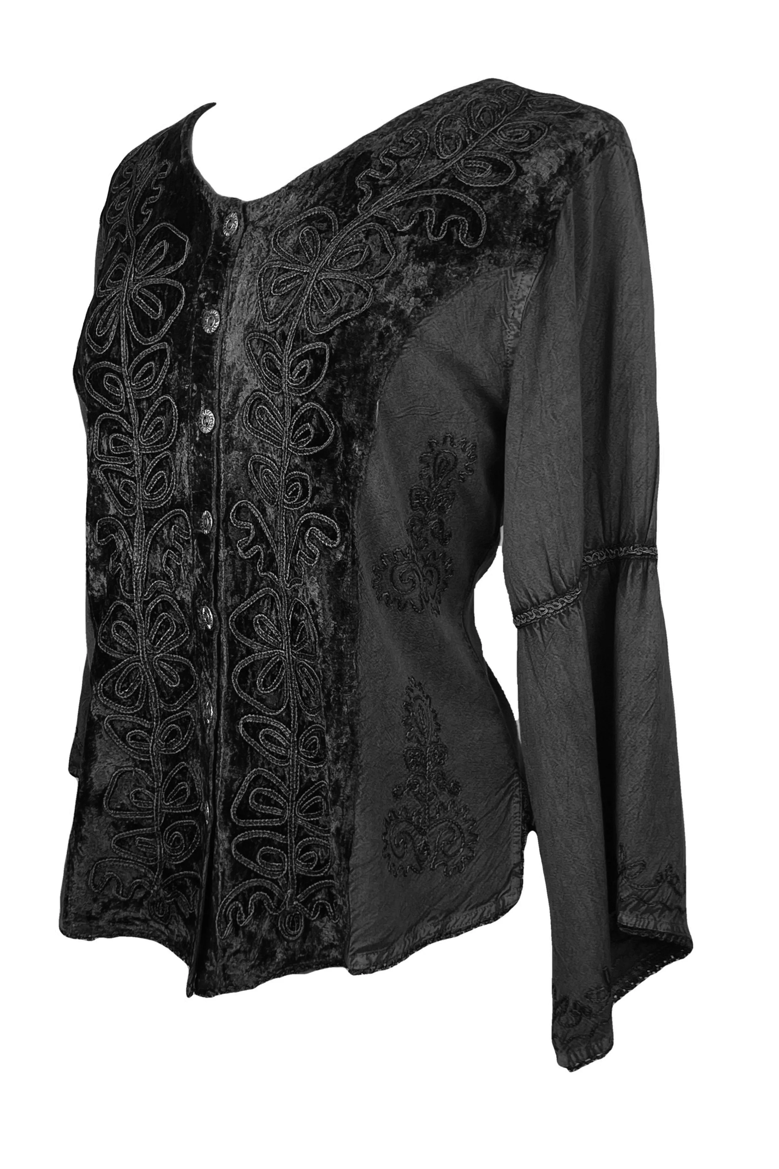 Rich Exotic Gothic Rayon Velvet Button Down Blouse Velvet Embroidered Top Blouse