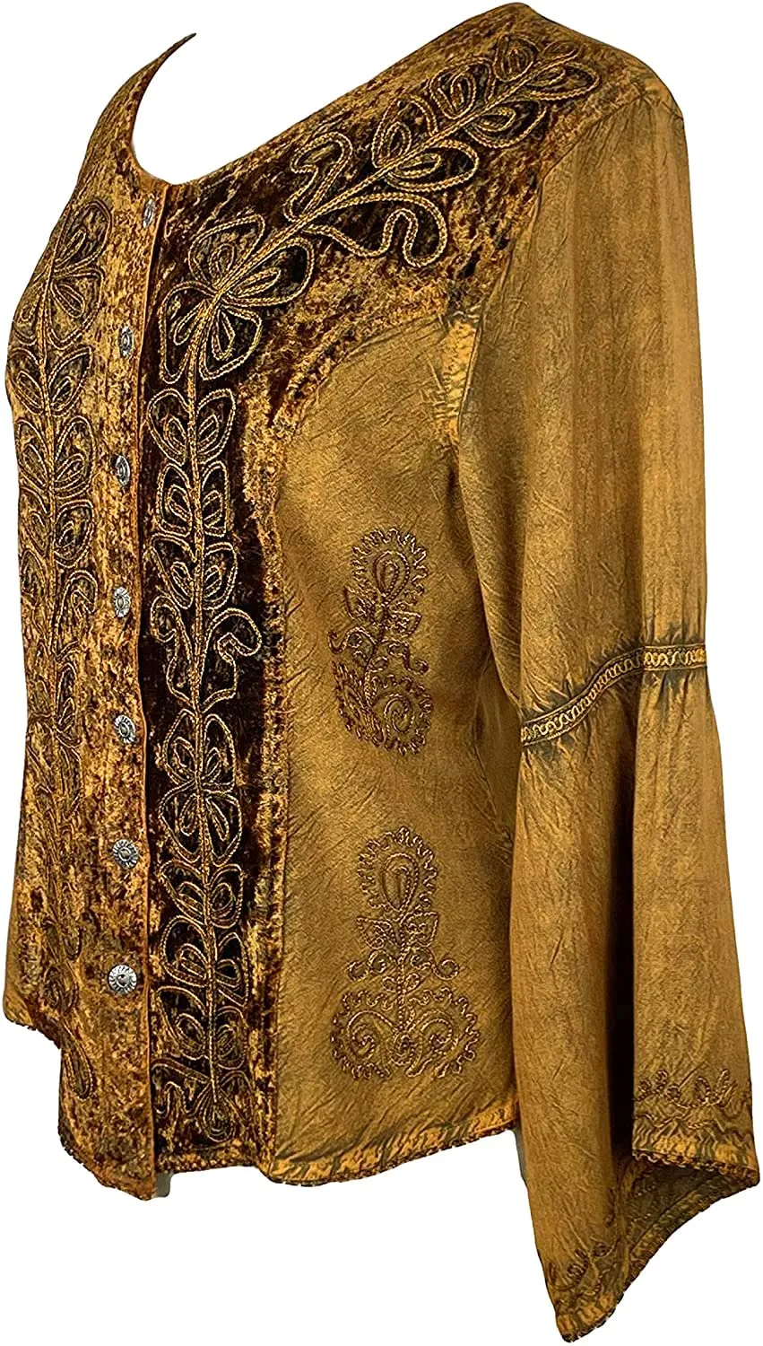 Rich Exotic Gothic Rayon Velvet Button Down Blouse Velvet Embroidered Top Blouse