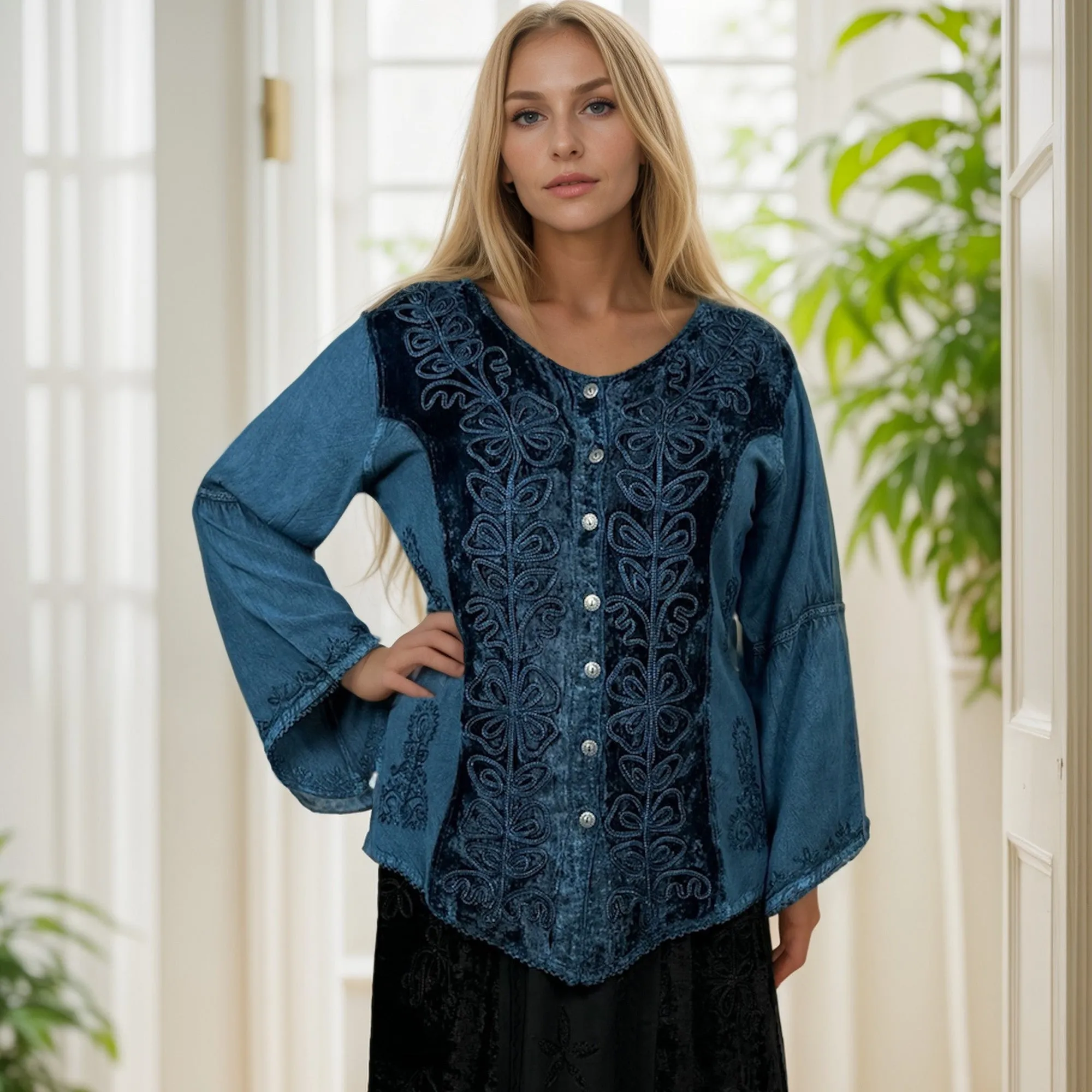 Rich Exotic Gothic Rayon Velvet Button Down Blouse Velvet Embroidered Top Blouse