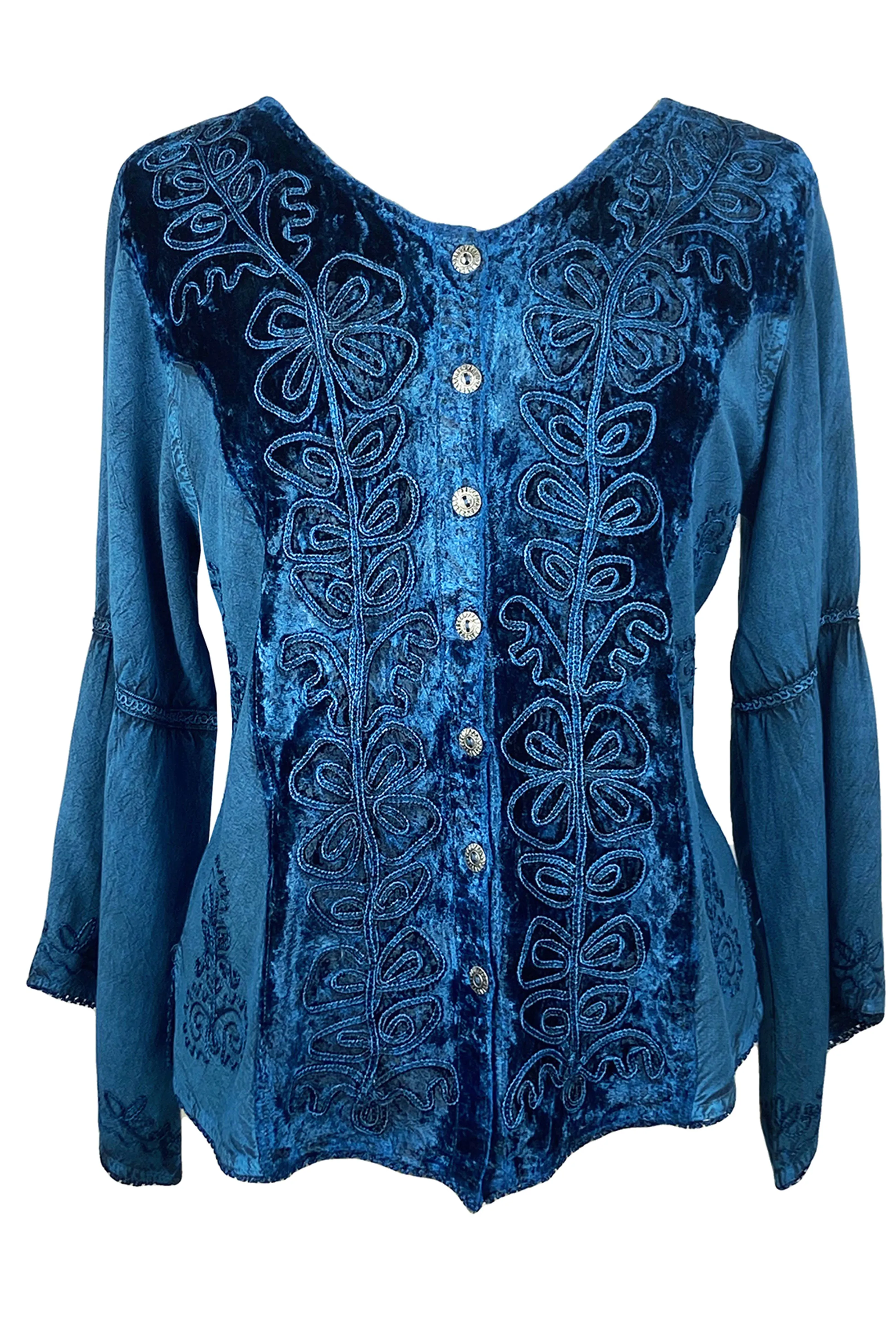 Rich Exotic Gothic Rayon Velvet Button Down Blouse Velvet Embroidered Top Blouse
