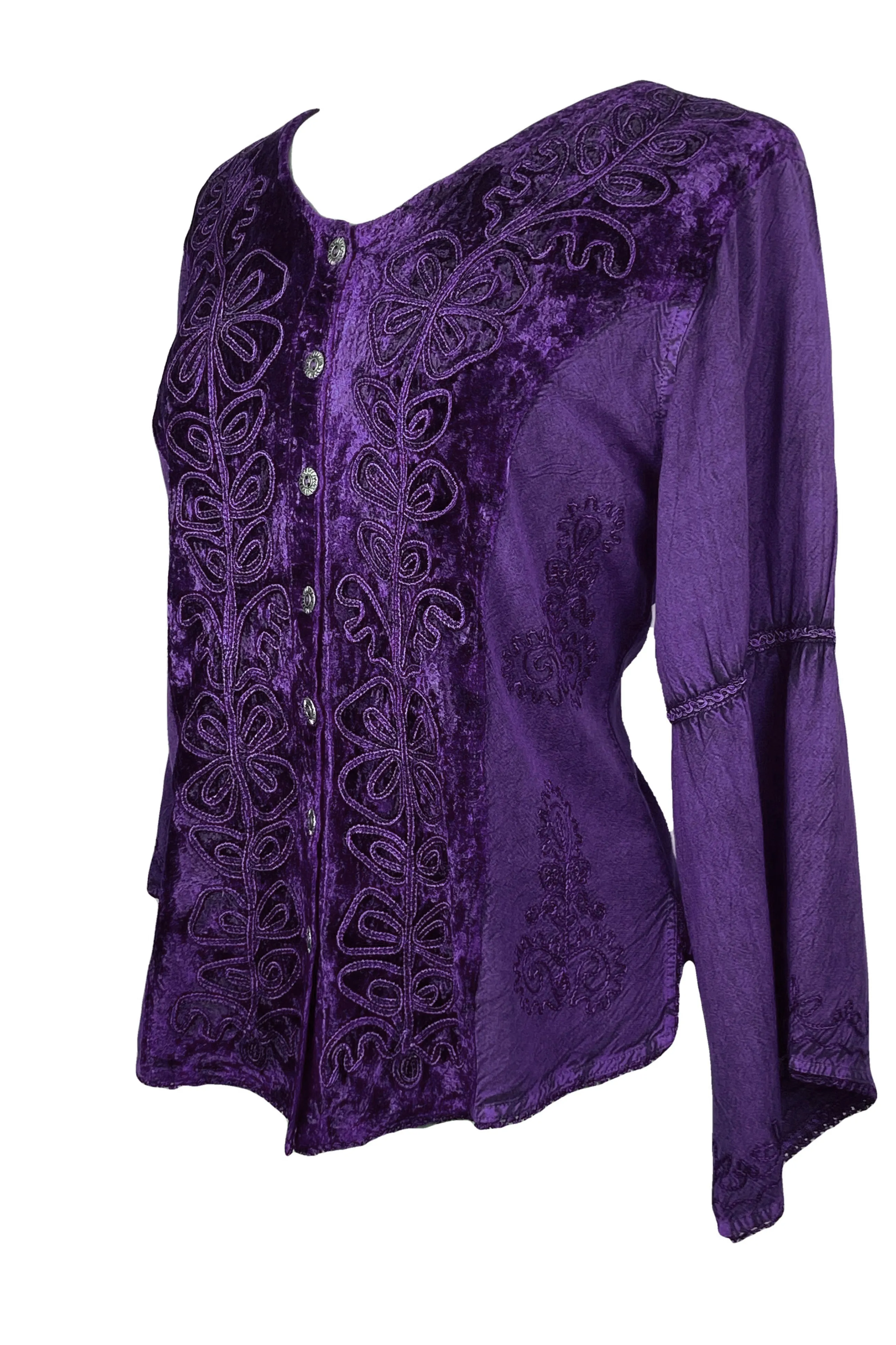 Rich Exotic Gothic Rayon Velvet Button Down Blouse Velvet Embroidered Top Blouse